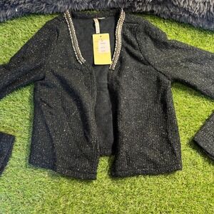 Black‎ Embellished Open Front Jacket Sparkle Evening Party S/m